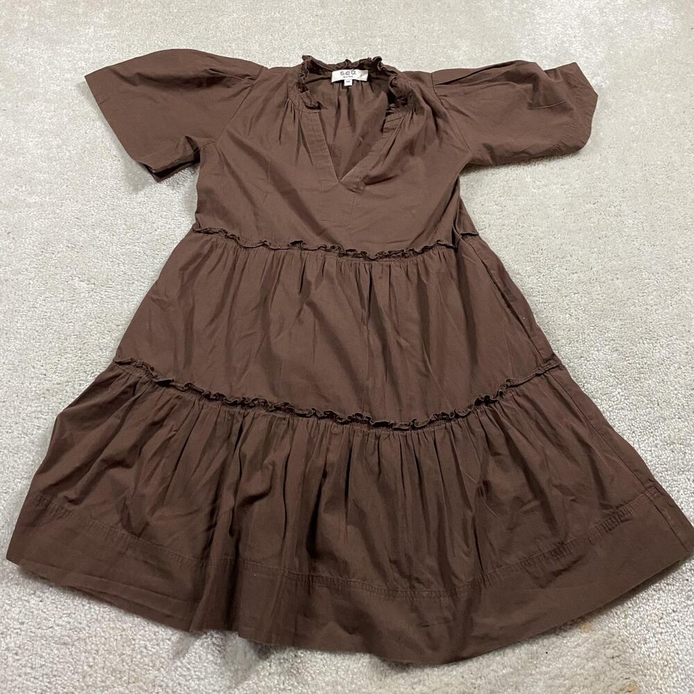 Sea New York Dress Womens XS Brown Cotton Tiered Ruffle Boho Midi Summer Style